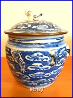 Antique Chinese Blue and white Dragon Lidded Jar 19th Century