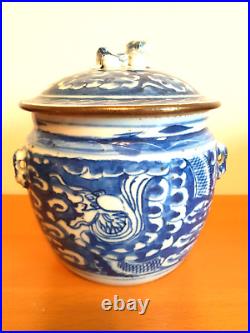 Antique Chinese Blue and white Dragon Lidded Jar 19th Century