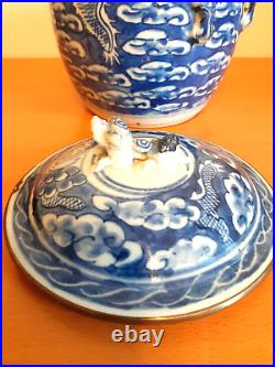 Antique Chinese Blue and white Dragon Lidded Jar 19th Century