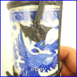 Antique Chinese Ceramic Blue White Opium Pipe Phoenix Dragon 1654-1722