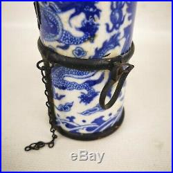 Antique Chinese Ceramic Blue White Opium Pipe Phoenix Dragon 1654-1722