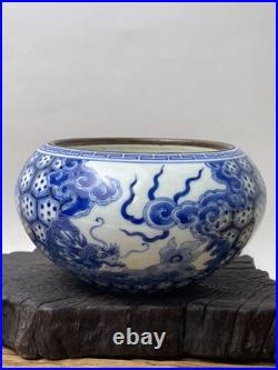 Antique Chinese Qing Blue & White Dragon Bowl with Bronze Rim No Mark Antique Chinese Qing Blue & White Dragon Bowl with Bronze Rim No Mark