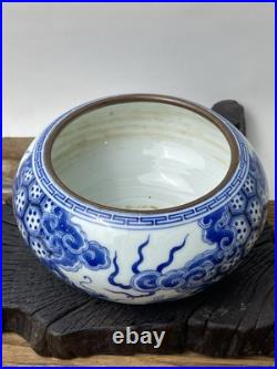 Antique Chinese Qing Blue & White Dragon Bowl with Bronze Rim No Mark Antique Chinese Qing Blue & White Dragon Bowl with Bronze Rim No Mark