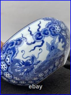 Antique Chinese Qing Blue & White Dragon Bowl with Bronze Rim No Mark Antique Chinese Qing Blue & White Dragon Bowl with Bronze Rim No Mark