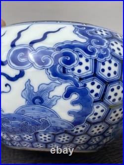 Antique Chinese Qing Blue & White Dragon Bowl with Bronze Rim No Mark Antique Chinese Qing Blue & White Dragon Bowl with Bronze Rim No Mark