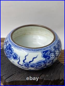 Antique Chinese Qing Blue & White Dragon Bowl with Bronze Rim No Mark Antique Chinese Qing Blue & White Dragon Bowl with Bronze Rim No Mark