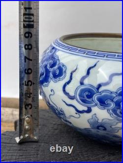 Antique Chinese Qing Blue & White Dragon Bowl with Bronze Rim No Mark Antique Chinese Qing Blue & White Dragon Bowl with Bronze Rim No Mark