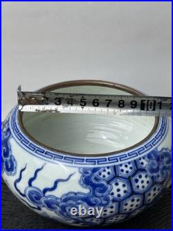 Antique Chinese Qing Blue & White Dragon Bowl with Bronze Rim No Mark Antique Chinese Qing Blue & White Dragon Bowl with Bronze Rim No Mark