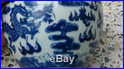 Antique Ging Chinese Blue& White Porcelain Brush Pot, Bowl, Two Dragons Fighting
