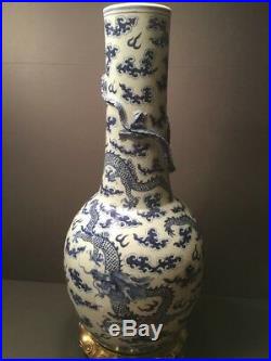 Antique Large Chinese Blue and White Dragon Vase, Guangxu period