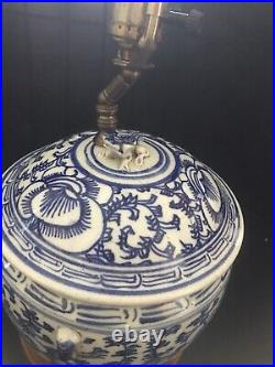 Antique Style Blue White Dragon Wood Base Lamp