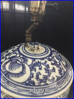 Antique Style Blue White Dragon Wood Base Lamp