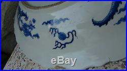 Antique19c Chinese Large Blue&white Porcelain Dragons Fighting For Pearl Charger