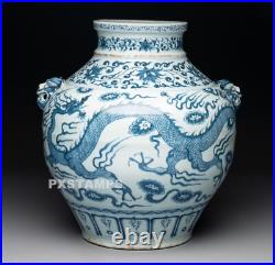 Authentic 13th C Chinese Yuan Dynasty Blue and White Dragon Porcelain Jar Vase