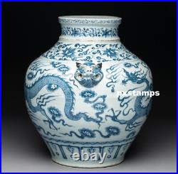 Authentic 13th C Chinese Yuan Dynasty Blue and White Dragon Porcelain Jar Vase