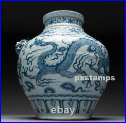 Authentic 13th C Chinese Yuan Dynasty Blue and White Dragon Porcelain Jar Vase