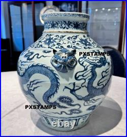 Authentic 13th C Chinese Yuan Dynasty Blue and White Dragon Porcelain Jar Vase