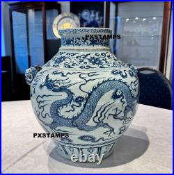 Authentic 13th C Chinese Yuan Dynasty Blue and White Dragon Porcelain Jar Vase