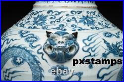 Authentic 13th C Chinese Yuan Dynasty Blue and White Dragon Porcelain Jar Vase