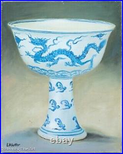 Beautiful Oil Painting of Fine Ming Dynasty Chinese Stem Cup Blue & White Dragon