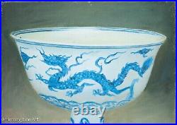 Beautiful Oil Painting of Fine Ming Dynasty Chinese Stem Cup Blue & White Dragon