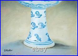 Beautiful Oil Painting of Fine Ming Dynasty Chinese Stem Cup Blue & White Dragon