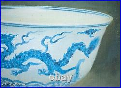 Beautiful Oil Painting of Fine Ming Dynasty Chinese Stem Cup Blue & White Dragon