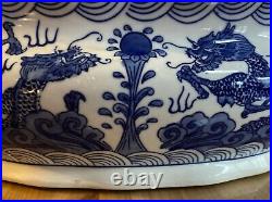 Blue And White Orchid & Dragon Ceramic Flower Pot Vase Measures 15in By 6.5in