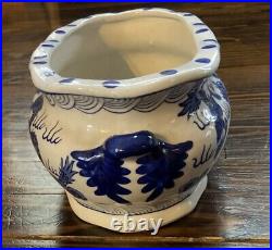 Blue And White Orchid & Dragon Ceramic Flower Pot Vase Measures 15in By 6.5in