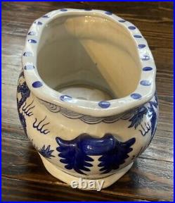 Blue And White Orchid & Dragon Ceramic Flower Pot Vase Measures 15in By 6.5in