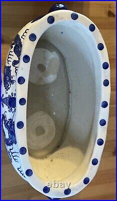 Blue And White Orchid & Dragon Ceramic Flower Pot Vase Measures 15in By 6.5in