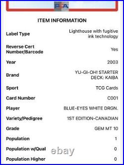 Blue-Eyes White Dragon 1st Edition SDK-001 PSA 10 Kaiba FRENCH CANADIAN POP 1