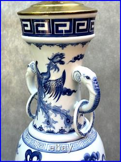 Blue & White Asian Elephant Ring Vase Lamp Woman Playing Flute Phoenix Dragon