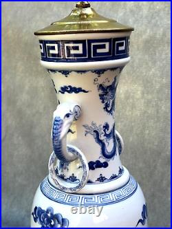 Blue & White Asian Elephant Ring Vase Lamp Woman Playing Flute Phoenix Dragon