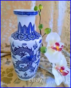 Blue White Porcelain Baluster Vase Flying Dragon Flaming Pearl 8 Tall