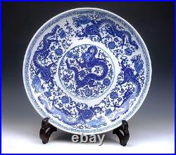 Blue&White QingHua Dragons Flowers Painted Large Charger Plate 12 Home Decor #A