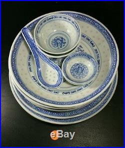 Blue White Rice Pattern Porcelain Chinese Dragon Service For 2-vintage (s14)