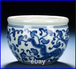 Chinese Antique Jardiniere Ming Dynasty Blue and White Dragon Porcelain Jar Bowl