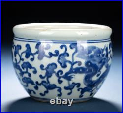 Chinese Antique Jardiniere Ming Dynasty Blue and White Dragon Porcelain Jar Bowl