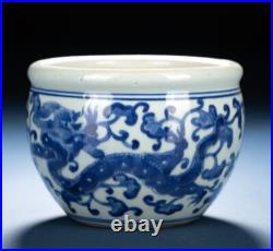 Chinese Antique Jardiniere Ming Dynasty Blue and White Dragon Porcelain Jar Bowl