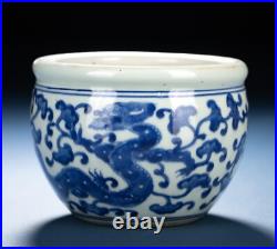 Chinese Antique Jardiniere Ming Dynasty Blue and White Dragon Porcelain Jar Bowl