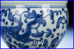 Chinese Antique Jardiniere Ming Dynasty Blue and White Dragon Porcelain Jar Bowl