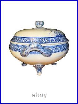 Chinese Asian Blue and white dragon footed lidded soup tureen 2 Geese/ Swan K