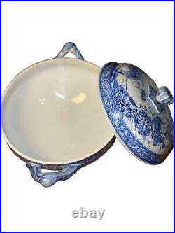 Chinese Asian Blue and white dragon footed lidded soup tureen 2 Geese/ Swan K