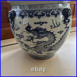 Chinese Blue And White Dragon Fish Bowl 22 H X 22 D