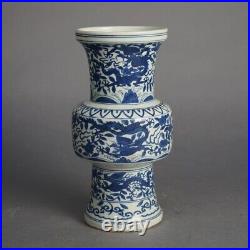 Chinese Blue & White Dragon and Floral Decorated Porcelain Vase with Wanii Mark