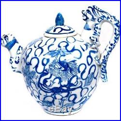 Chinese Blue & White Porcelain Teapot Multiple Dragons Flowers Signed with Lid