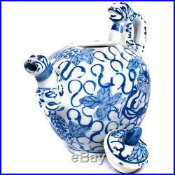 Chinese Blue & White Porcelain Teapot Multiple Dragons Flowers Signed with Lid
