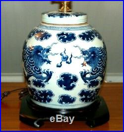 Chinese GINGER JAR LAMPS Pair Blue & White Porcelain Dragon Canton (3P)