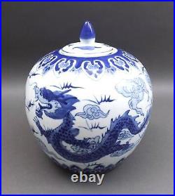 Chinese Ming Style Vintage Blue White Dragon Porcelain Lidded Ginger Temple Jar